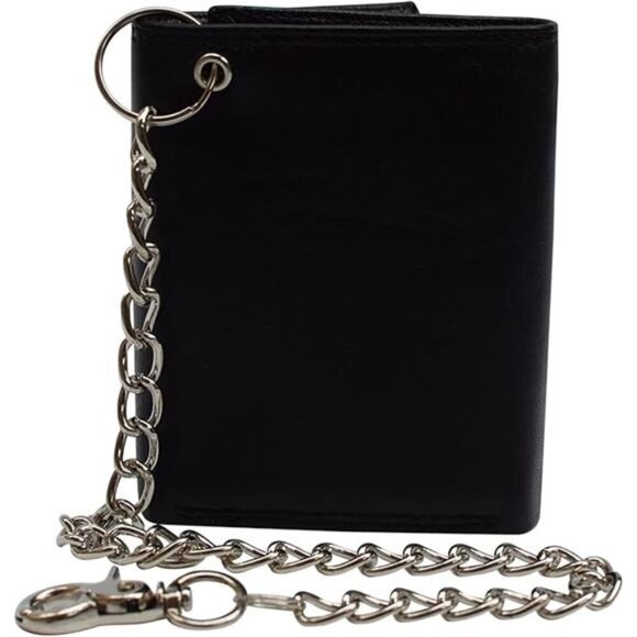Men's RFID Blocking Premium Leather Chain Trifold Wallet (Black with Chain) - Picture 7 of 7